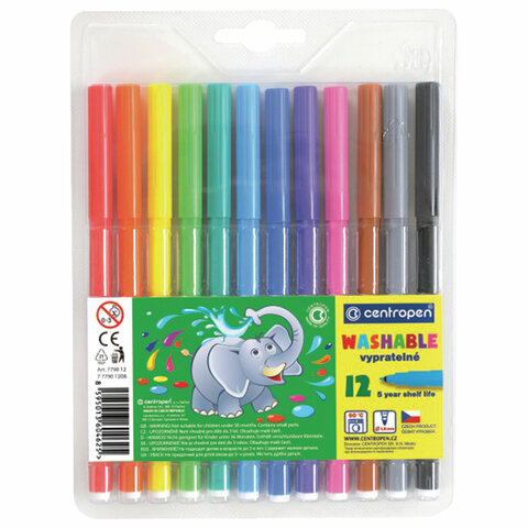 Фломастеры Centropen "Washable", 12цв., смываемые, блистер