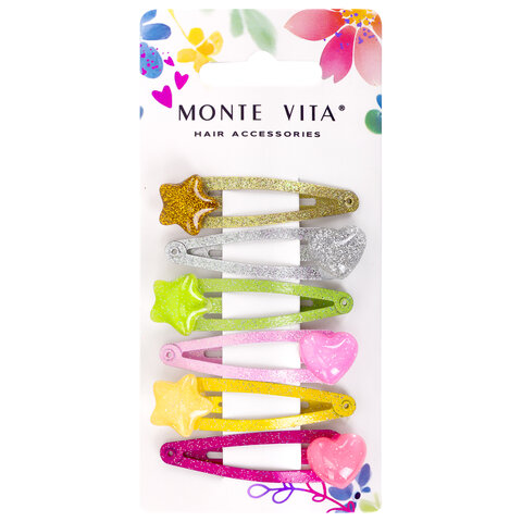 Заколки для волос НАБОР 6 шт., 5 см, клик-клак, с декоративными элементами, разные цвета, MONTE VITA