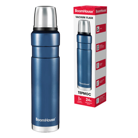 Термос 1 л, BOOMHOUSE (БумХаус) DARKBLUE, нержавеющая сталь SUS304, молотковая эмаль, крышка/кружка,