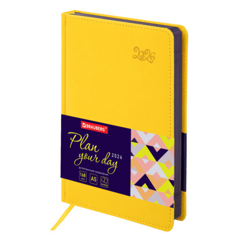 Ежедневник датированный 2026 А5 138x213мм BRAUBERG Rainbow, под кожу, желтый, 117082