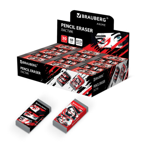 Ластик BRAUBERG "ANIME", 50х24х10 мм, прямоугольный, картоннный держатель, экологичный ПВХ, ассорти,