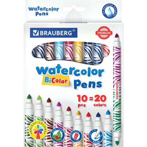 Фломастеры двусторонние утолщенные BRAUBERG "PREMIUM" "BI-COLOR", 10 шт., 20 цветов, двухцветные, ве