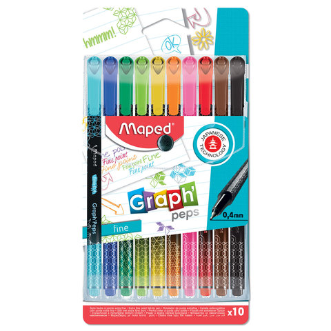 Набор капиллярных ручек (линеров) MAPED 10 шт., "Graph Pep's", АССОРТИ, трехгранные, 0,4 мм, 749050