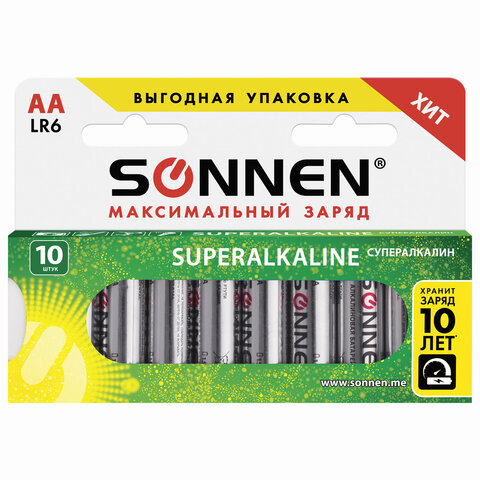 Батарейка SONNEN Super Alkaline, АА (LR06,15А), алкалиновые, пальчиковые, в коробке