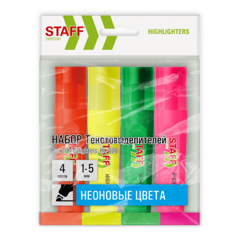 Набор текстовыделителей 4 НЕОНОВЫХ ЦВЕТА, STAFF "EVERYDAY HL-720", линия 1-5 мм, скошенный наконечни