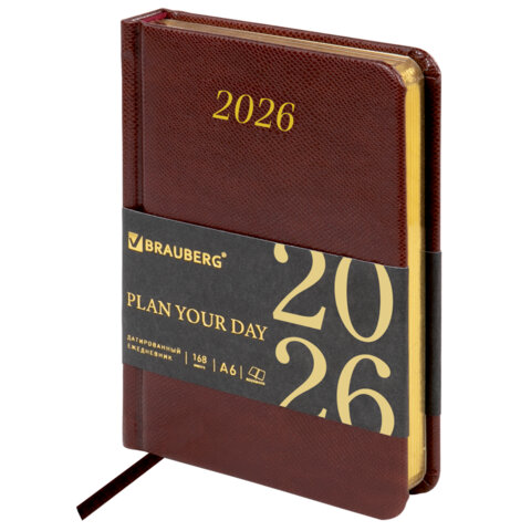 Ежедневник датированный 2026 МАЛЫЙ ФОРМАТ 100х150мм А6, BRAUBERG Iguana, под кожу, коричневый, 11725