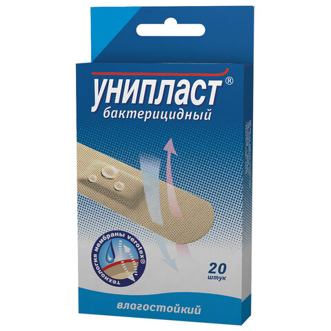 Набор лейкопластырей бактерицидных 20 шт., УНИПЛАСТ, 1,9х7,2 см, влагостойкие, 20024393