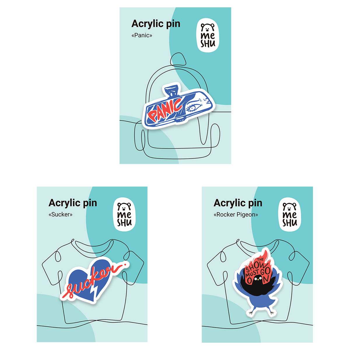 Набор акриловых значков MESHU "Panic", прямая УФ-печать, 3шт.