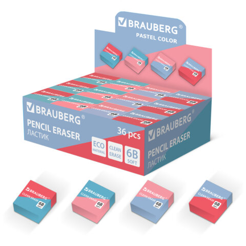 Ластик BRAUBERG "PASTEL COLOR DUO", 34х34х14 мм, квадратный, экологичный ПВХ, ассорти, 272733