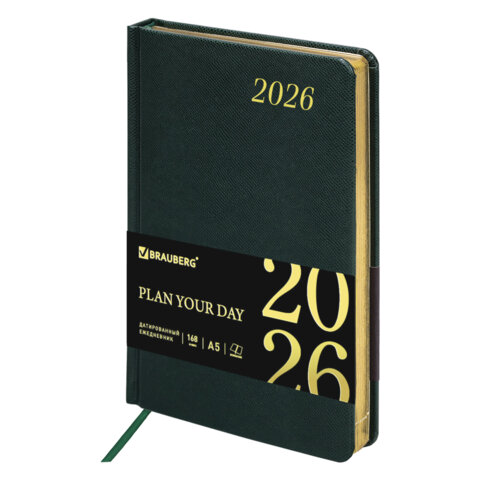 Ежедневник датированный 2026 А5 138x213мм BRAUBERG Iguana, под кожу, темно-зеленый, 117058