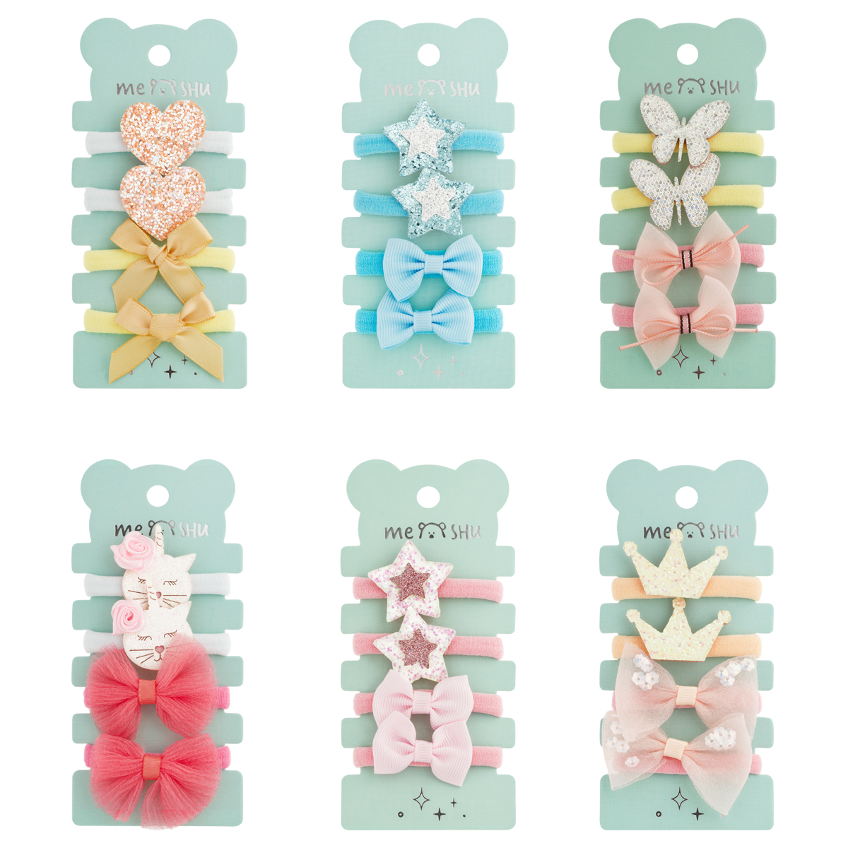 Резинки для волос MESHU, medium, c текстильными топперами, ассорти, 4шт., диаметр 3см, европодвес