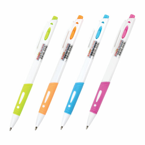 Ручка шариковая автоматическая с грипом STAFF "College BP-16 White", СИНЯЯ, ассорти, линия письма 0,