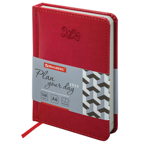 Ежедневник датированный 2026 МАЛЫЙ ФОРМАТ 100х150мм А6, BRAUBERG Rainbow, под кожу, красный, 117256
