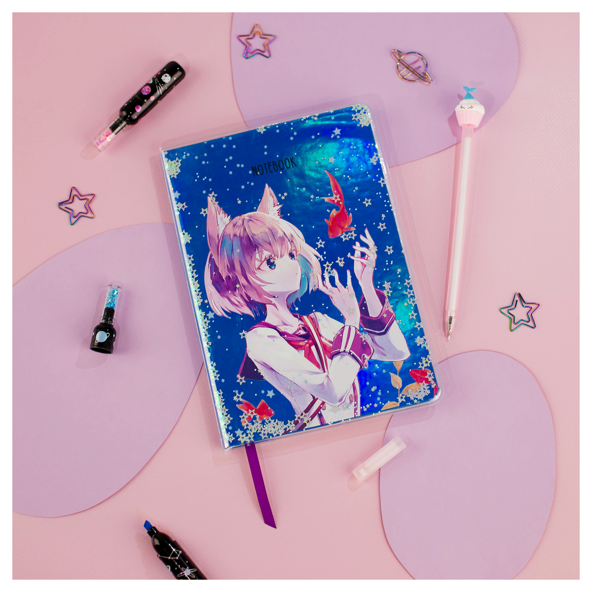 Записная книжка А5 80л., ЛАЙТ, кожзам, MESHU "Magic world", съемная пластиковая обложка, глиттер, го