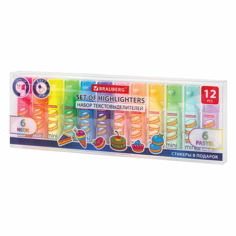 Набор текстовыделителей мини с принтами, 12 ЦВЕТОВ, BRAUBERG, 6 неоновых цветов + 6 пастельных цвето