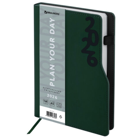 Ежедневник датированный 2026 А5 150x213мм BRAUBERG Up, под кожу софт-тач, держатель для ручки, зелен