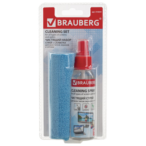 Чистящий набор для экранов всех типов и оптики BRAUBERG, набор салфетка и спрей, 100 мл, 510341