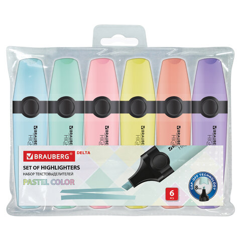 Набор текстовыделителей BRAUBERG 6 шт., АССОРТИ, "DELTA PASTEL", линия 1-5 мм, 151736
