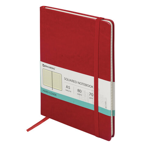 Блокнот А5 (148х218 мм), BRAUBERG "Metropolis Special", под кожу, резинка, 80 л., красный, 111575