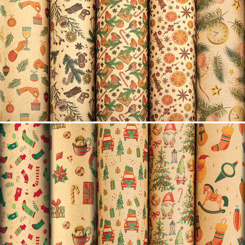 Бумага упаковочная новогодняя "Christmas Kraft", 70х100 см, 10 дизайнов ассорти, ЗОЛОТАЯ СКАЗКА, 592
