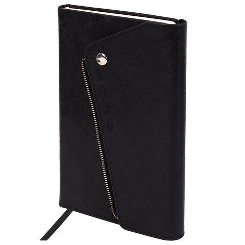 Ежедневник датированный 2026 А5 145х213мм BRAUBERG Jacket под кожу, клапан, держатель, черный 117399