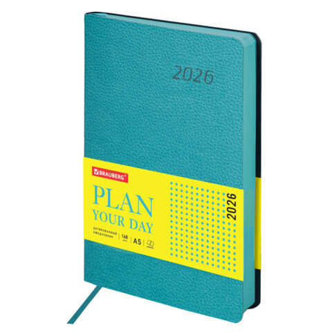 Ежедневник датированный 2026 А5 138x213мм BRAUBERG Stylish, под кожу гибкий, бирюзовый, 117098