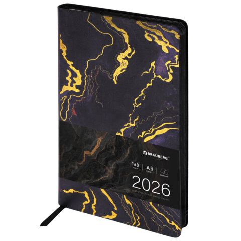 Ежедневник датированный 2026 А5 138x213мм BRAUBERG Vista, под кожу гибкий, Black marble, 117445