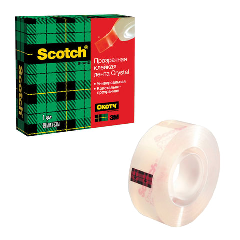 Клейкая лента канцелярская 19 мм х 33 м, прозрачная, картонная коробка, 50 мкм, SCOTCH "Crystal", 60