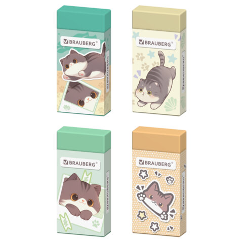 Ластик BRAUBERG CUTE CATS, 50х24х10 мм, прямоугольный, цвет ластика ассорти, эко-пвх, картонный держ