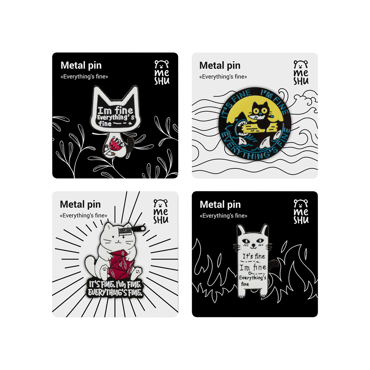 Набор металлических значков MESHU "Everything's fine", эмаль, 4шт