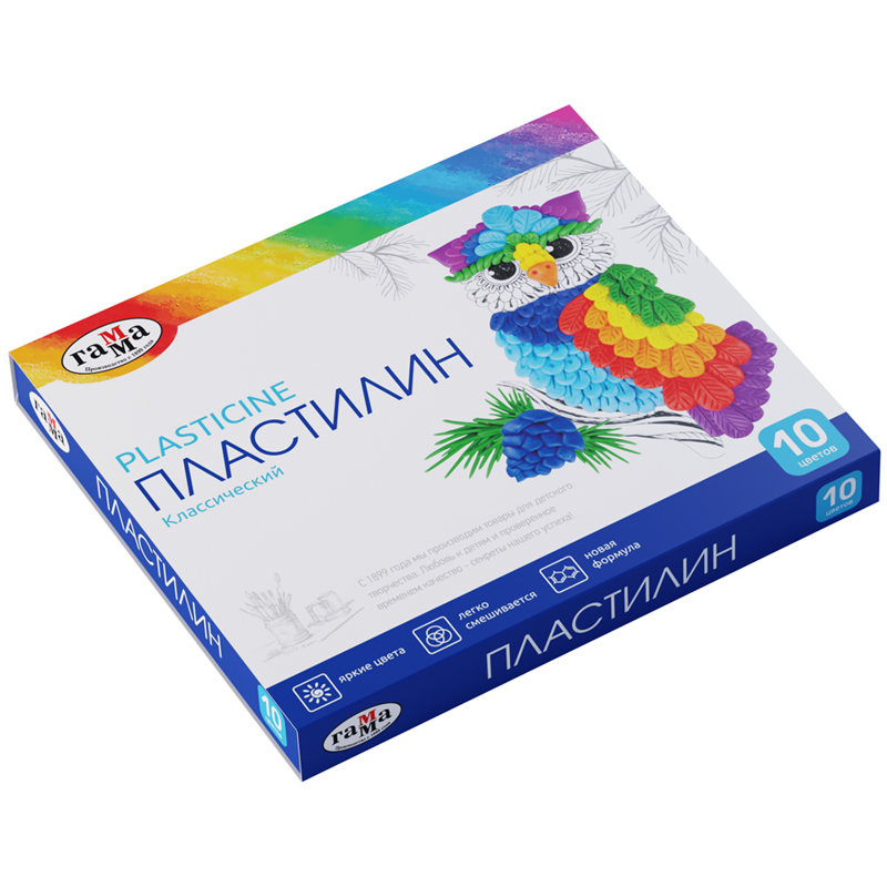 Пластилин Гамма "Классический", 10 цветов, 200г, со стеком, картон. упак.