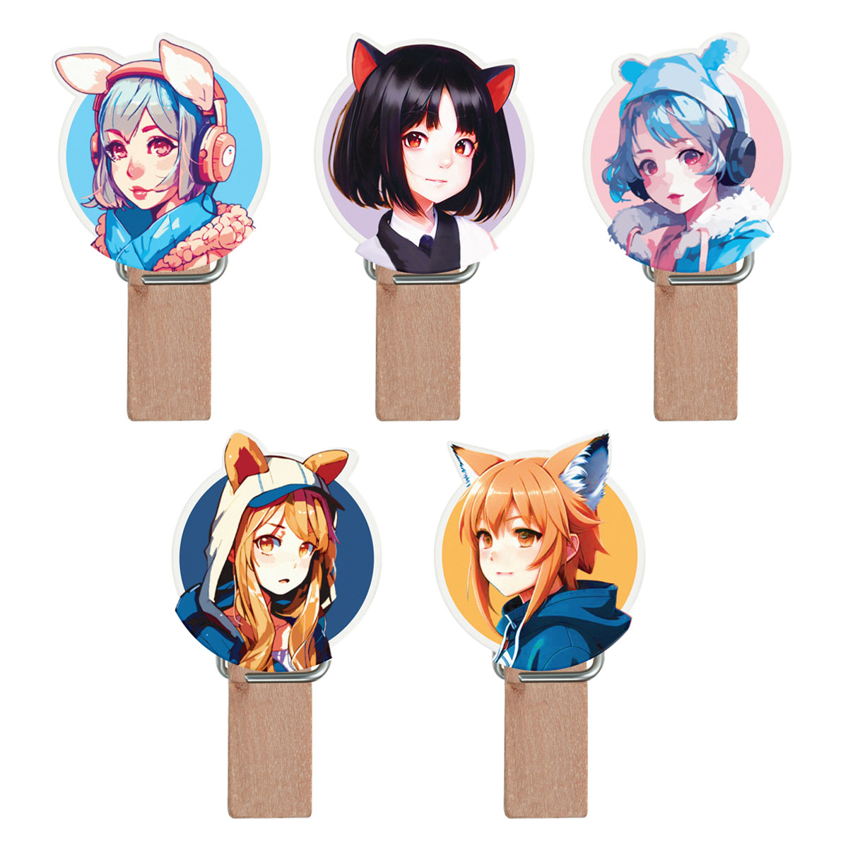 Зажимы для бумаг 7мм, MESHU "Neko", 10шт., деревянные, ассорти, опп пакет с европодвесом, веревка в 