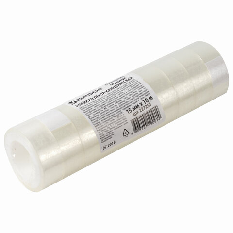 Клейкая лента 15 мм х 10 м канцелярская BRAUBERG, прозрачная, гарантированная длина
