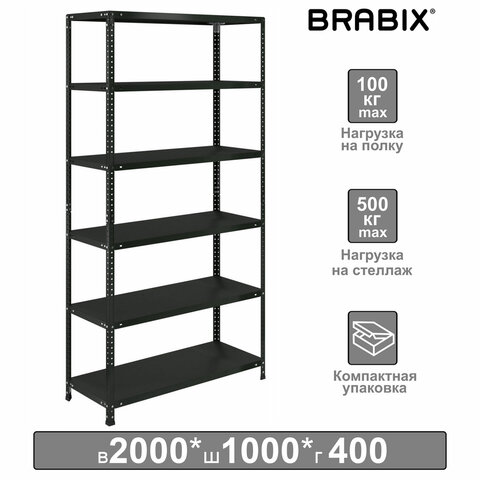 Стеллаж металлический BRABIX "ГРАФИТ MS KD-200/40-6", лофт, 2000х1000х400 мм, 6 полок, 291272, S240B