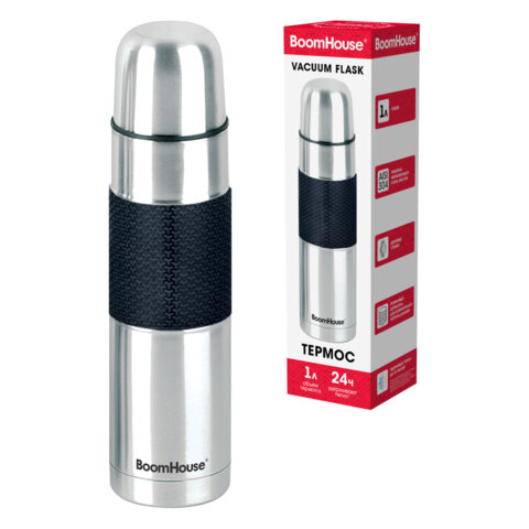 Термос 1 л, BOOMHOUSE (БумХаус) CLASSIC, нержавеющая сталь SUS304, черный силиконовый рукав, крышка/