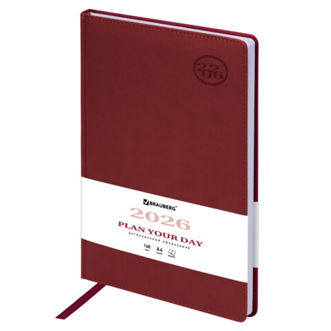 Ежедневник датированный 2026 БОЛЬШОЙ ФОРМАТ 210х297мм А4, BRAUBERG Favorite, под кожу, бордо, 117240