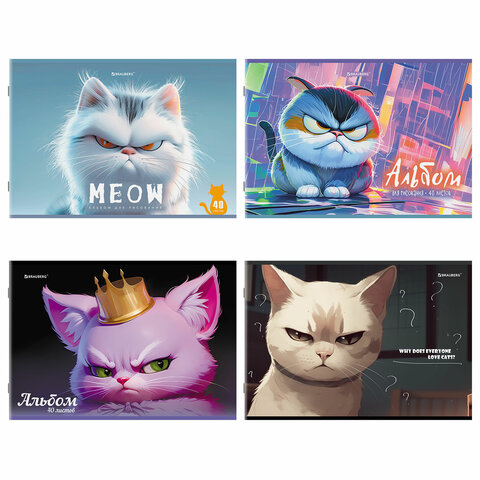 Альбом для рисования А4, 40 листов, скоба, обложка картон, BRAUBERG, 203х288 мм, "Суровые коты" (4 в