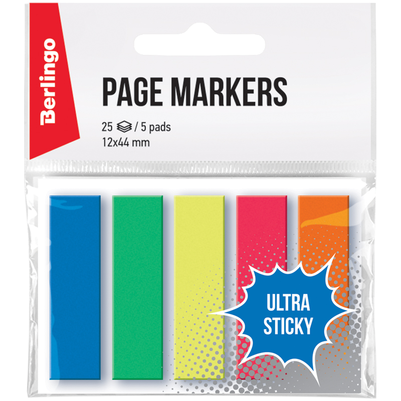 Закладки Berlingo "Ultra Sticky", 44*12мм, 25л*5 неоновых цветов, европодвес