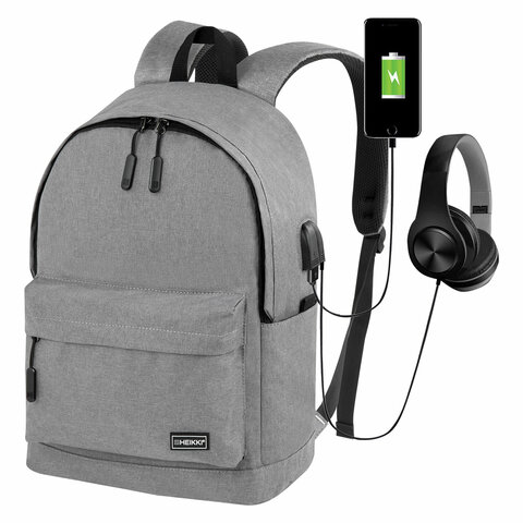Рюкзак HEIKKI ACTIVE (ХЕЙКИ) универсальный, отделение для ноутбука, USB-порт, серый, 44х31х14 см, 27