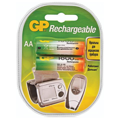Батарейки аккумуляторные GP, АА, Ni-Mh, 1800 mAh, 180AAHC-2DECRC2