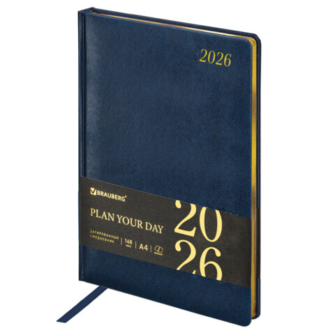 Ежедневник датированный 2026 БОЛЬШОЙ ФОРМАТ 210х297мм А4, BRAUBERG Iguana, под кожу, синий, 117245