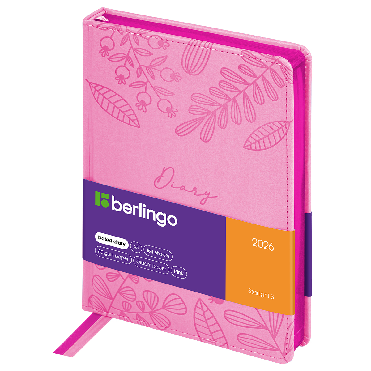 Ежедневник датированный 2026г., А5, 184л., кожзам, Berlingo "Starlight S", металлик срез, розовый