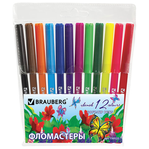 Фломастеры BRAUBERG "Wonderful butterfly", 12 цветов, вентилируемый колпачок, пласт. упаковка, увели