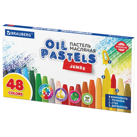 Пастель масляная восковые мелки утолщенные 48 цвета с точилкой, держателем и стеком, BRAUBERG PREMIU