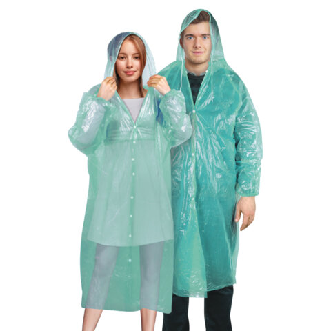 Дождевик-плащ зеленый на кнопках полиэтиленовый, универсальный размер 120х80 см, SHAMAANI (ШАМААНИ),