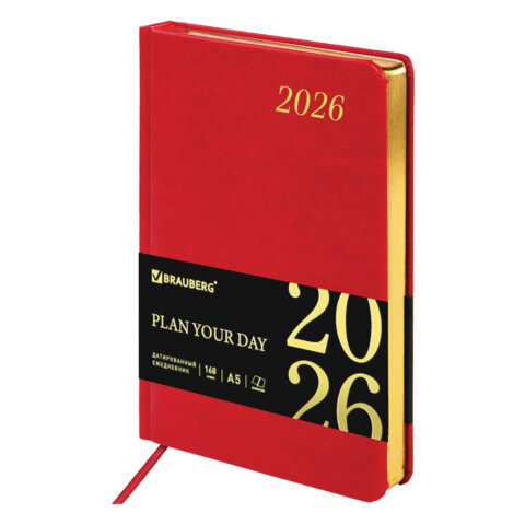 Ежедневник датированный 2026 А5 138x213мм BRAUBERG Iguana, под кожу, красный, 117055