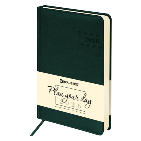 Ежедневник датированный 2026 А5 138x213мм BRAUBERG Imperial, под кожу, темно-зеленый, 117066
