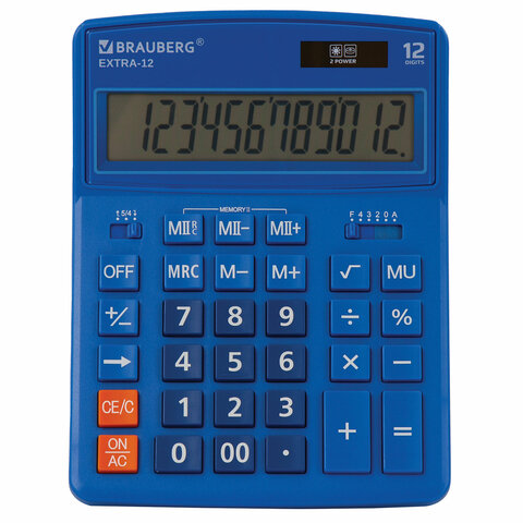 Калькулятор настольный BRAUBERG EXTRA-12-BU (206x155 мм), 12 разрядов, двойное питание, СИНИЙ, 25048