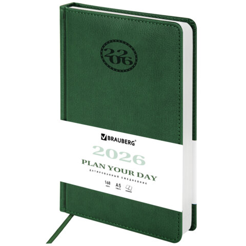 Ежедневник датированный 2026 А5 138x213мм BRAUBERG Favorite, под кожу, зеленый, 117038
