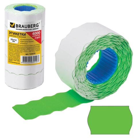 Этикет-лента 22х12 мм, волна, зеленая, 1 рулон по 800 шт., BRAUBERG, 123575